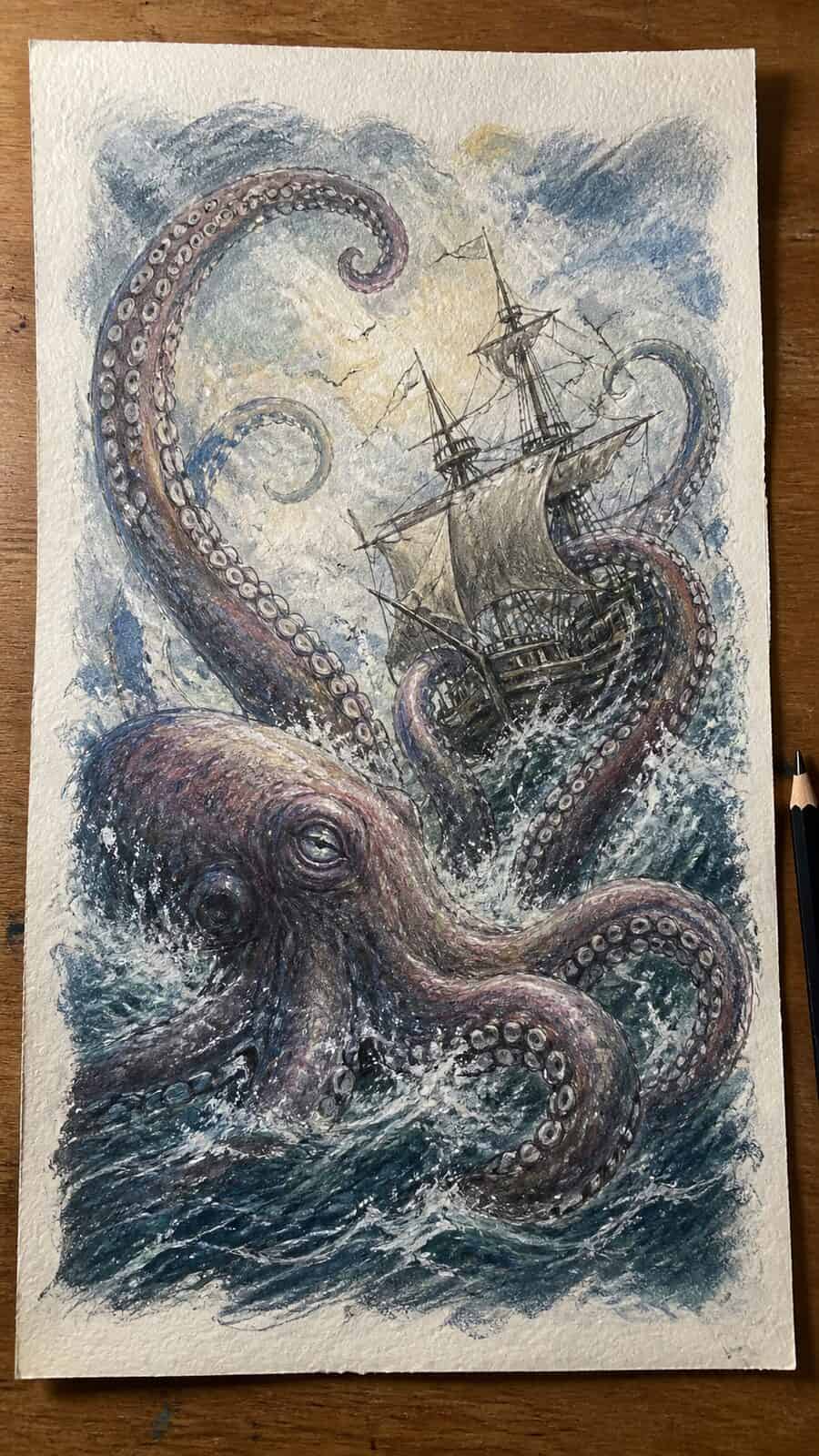 Hand-drawn the kraken awakes in colored-pencil and gouache drawing on textured paper, shown in a straight overhead view — study 1