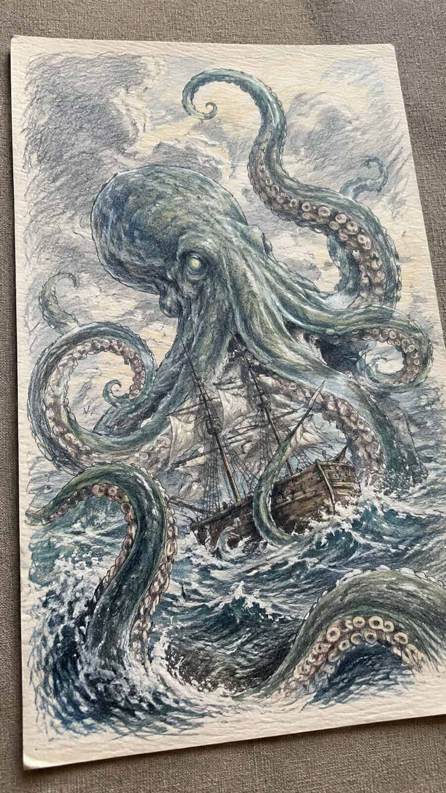 Hand-drawn the kraken awakes in colored-pencil and gouache drawing on textured paper, shown in a gentle oblique desk view that shows — study 2