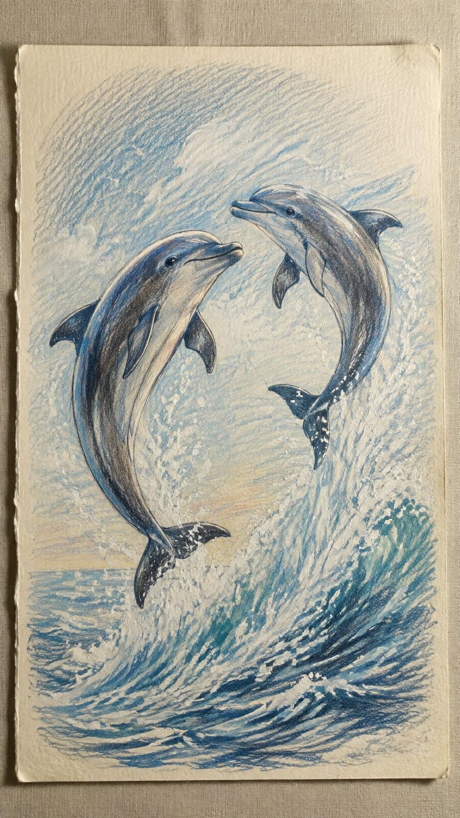 Hand-drawn playful dolphins dancing in colored-pencil and gouache drawing on textured paper, shown in a close overhead crop — study 2