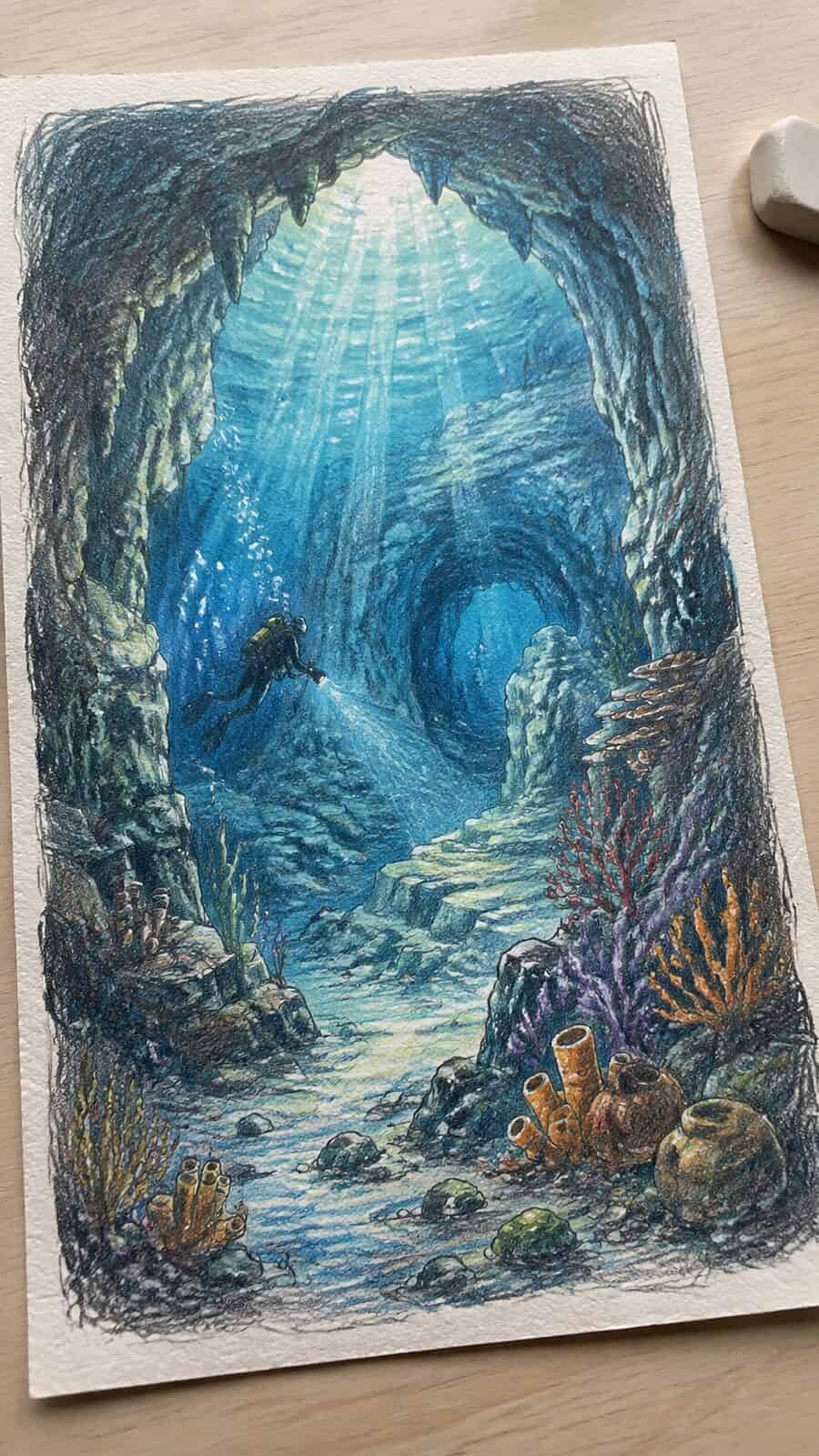Hand-drawn hidden undersea caves in colored-pencil and gouache drawing on textured paper, shown in a gentle oblique desk view that — study 2