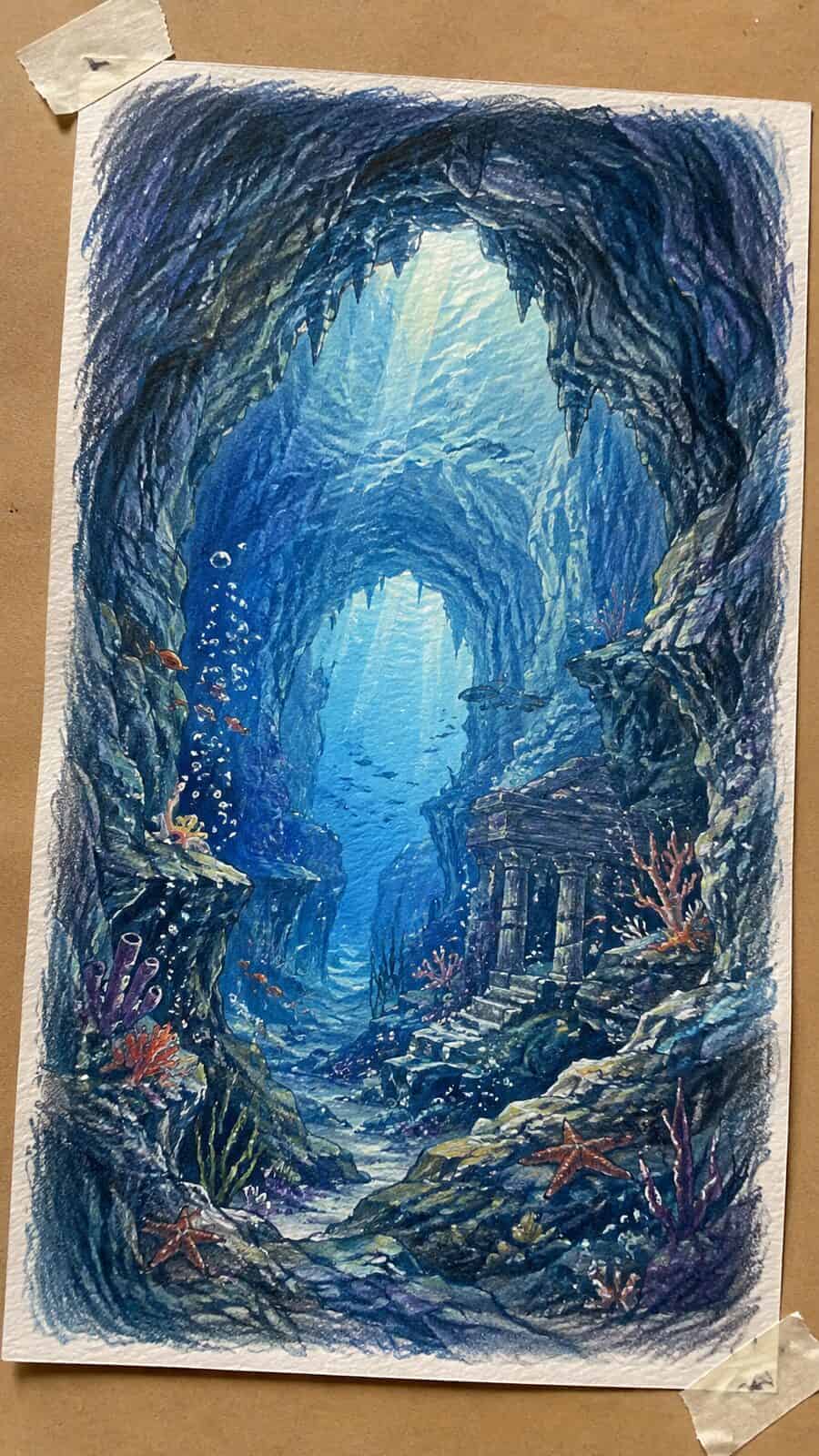 Hand-drawn hidden undersea caves in colored-pencil and gouache drawing on textured paper, shown in a close overhead crop — study 3