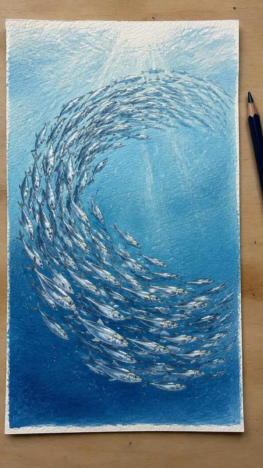 Hand-drawn shimmering school of fish in colored-pencil and gouache drawing on textured paper, shown in a straight overhead view — study 1