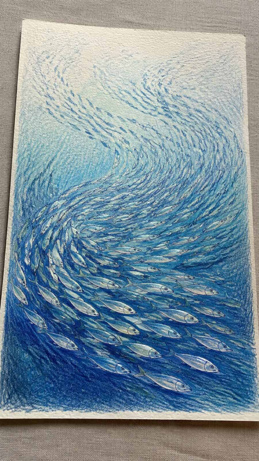 Hand-drawn shimmering school of fish in colored-pencil and gouache drawing on textured paper, shown in a gentle oblique desk view that — study 2
