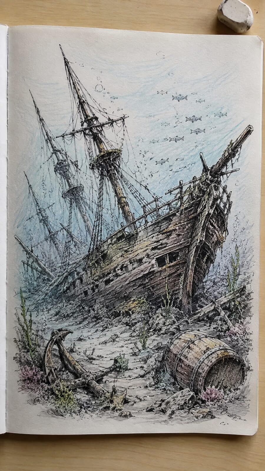 Hand-drawn ancient shipwrecks in ink and colored-pencil drawing on textured paper, shown in a close overhead crop — study 1
