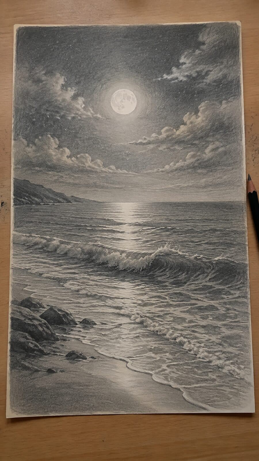 Hand-drawn pearly moonlit tides in graphite drawing on textured paper, shown in a straight overhead view — study 1