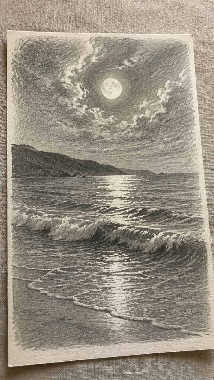 Hand-drawn pearly moonlit tides in graphite drawing on textured paper, shown in a gentle oblique desk view that shows paper tooth and — study 2