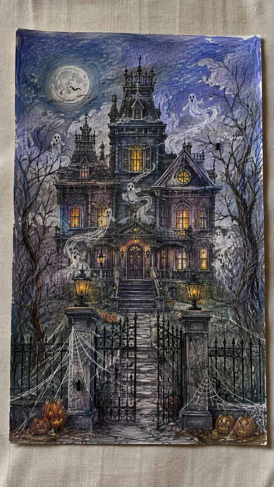 Hand-drawn mystical haunted mansion in colored-pencil and gouache drawing on textured paper, shown in a straight overhead view — study 2