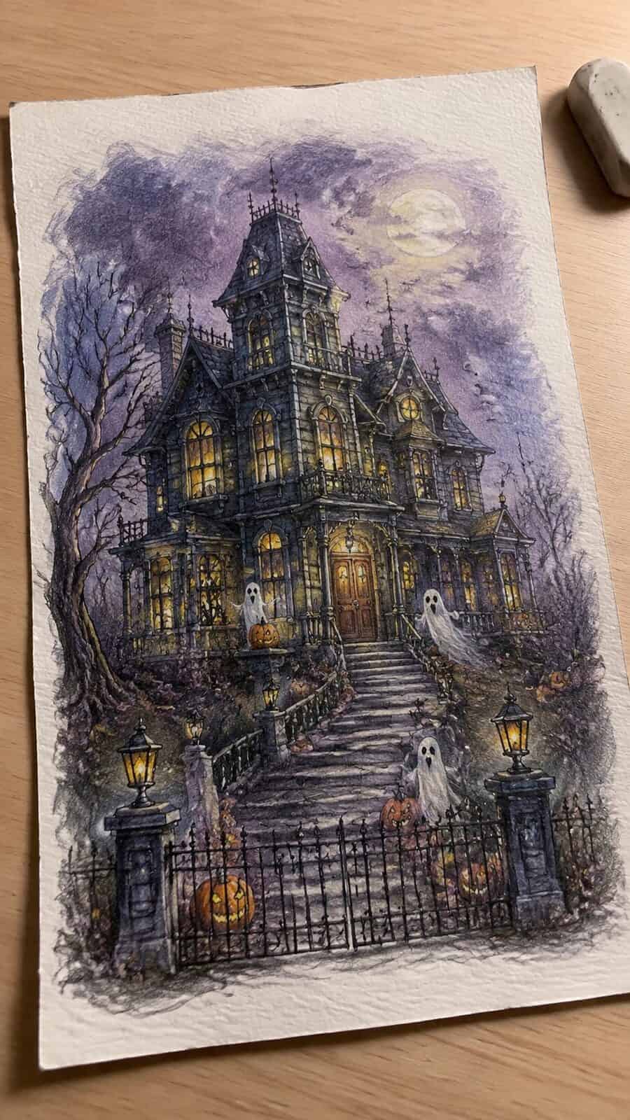 Hand-drawn mystical haunted mansion in colored-pencil and gouache drawing on textured paper, shown in a gentle oblique desk view that — study 3