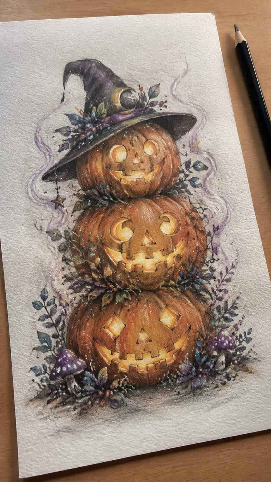 Hand-drawn enchanted jack-o'-lanterns in colored-pencil and gouache drawing on textured paper, shown in a gentle oblique desk view — study 1