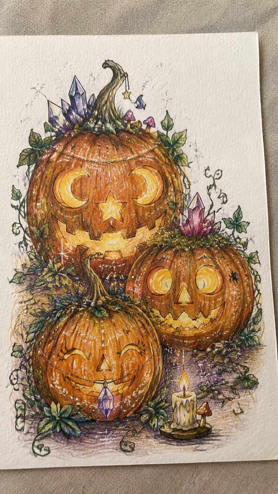 Hand-drawn enchanted jack-o'-lanterns in colored-pencil and gouache drawing on textured paper, shown in a close overhead crop — study 2