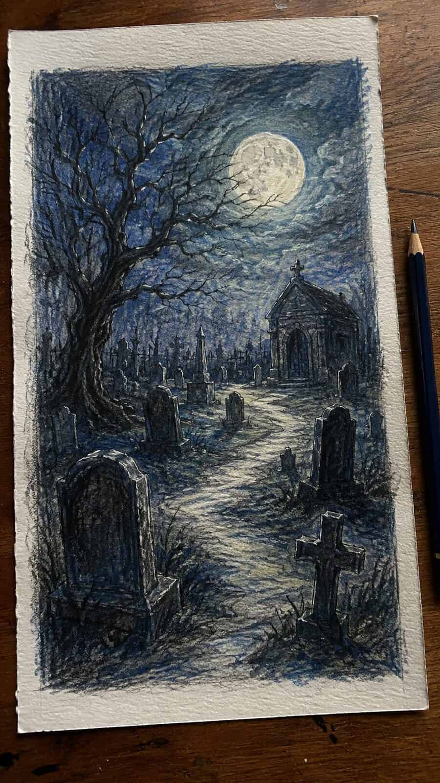 Hand-drawn dark and dreamy moonlit graveyard in colored-pencil and gouache drawing on textured paper, shown in a slightly off-center — study 1
