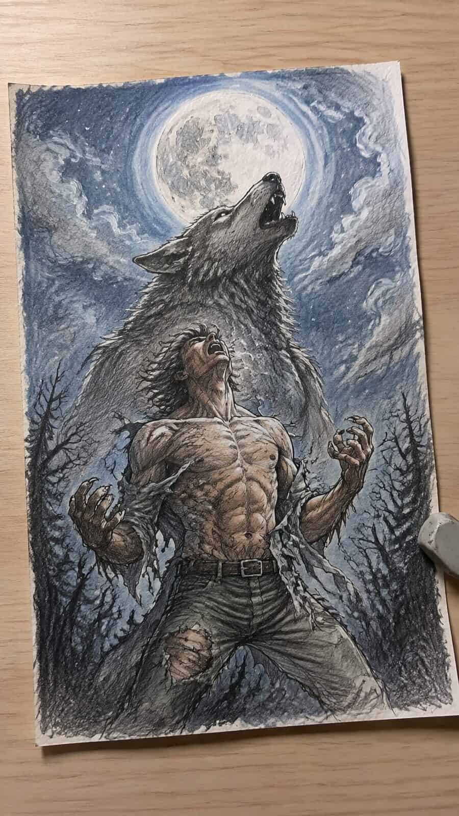 Hand-drawn lunar werewolf transformation in colored-pencil and gouache drawing on textured paper, shown in a slightly off-center — study 1