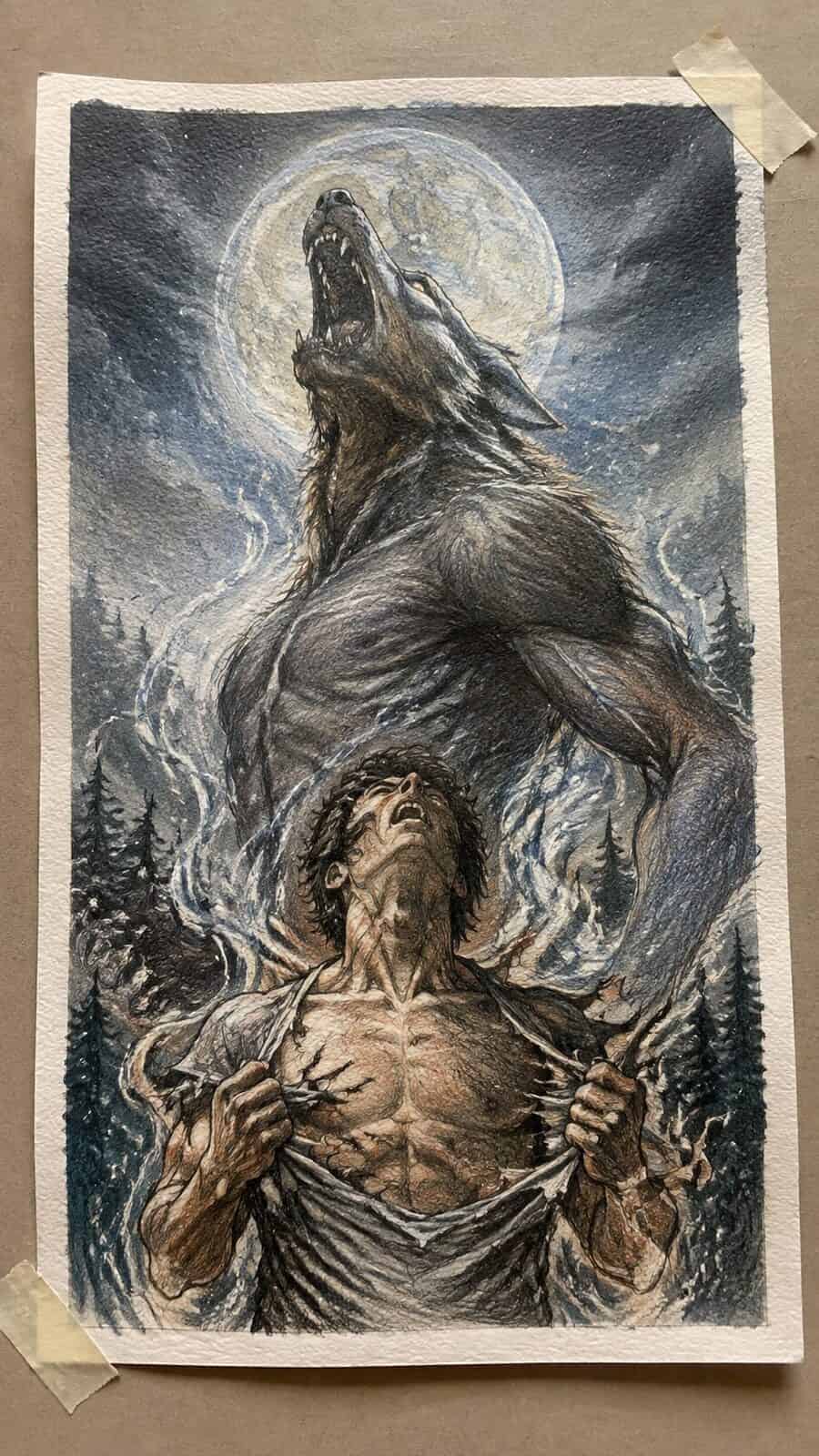 Hand-drawn lunar werewolf transformation in colored-pencil and gouache drawing on textured paper, shown in a straight overhead view — study 2