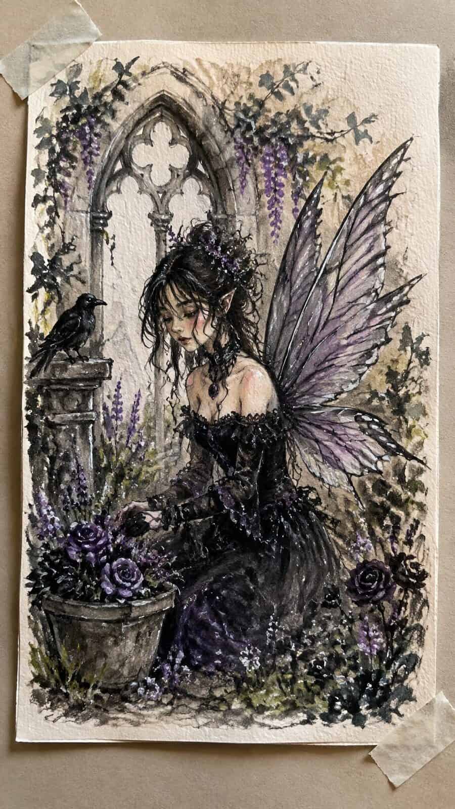 Hand-drawn charmed fairy goth garden in colored-pencil and gouache drawing on textured paper, shown in a slightly off-center overhead — study 1
