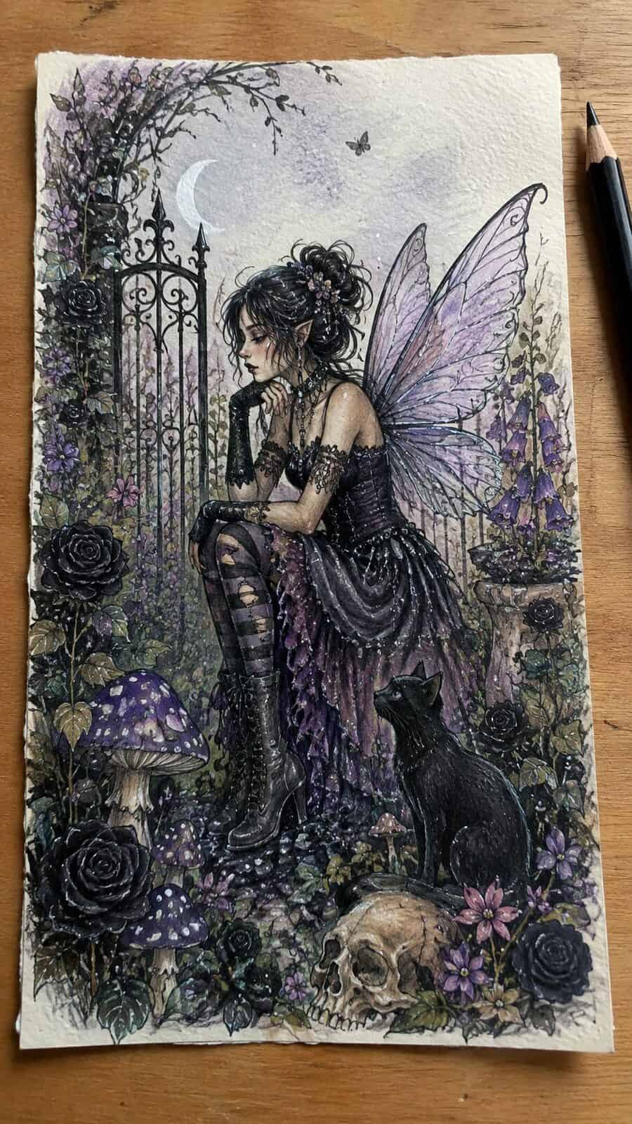 Hand-drawn charmed fairy goth garden in colored-pencil and gouache drawing on textured paper, shown in a straight overhead view — study 2