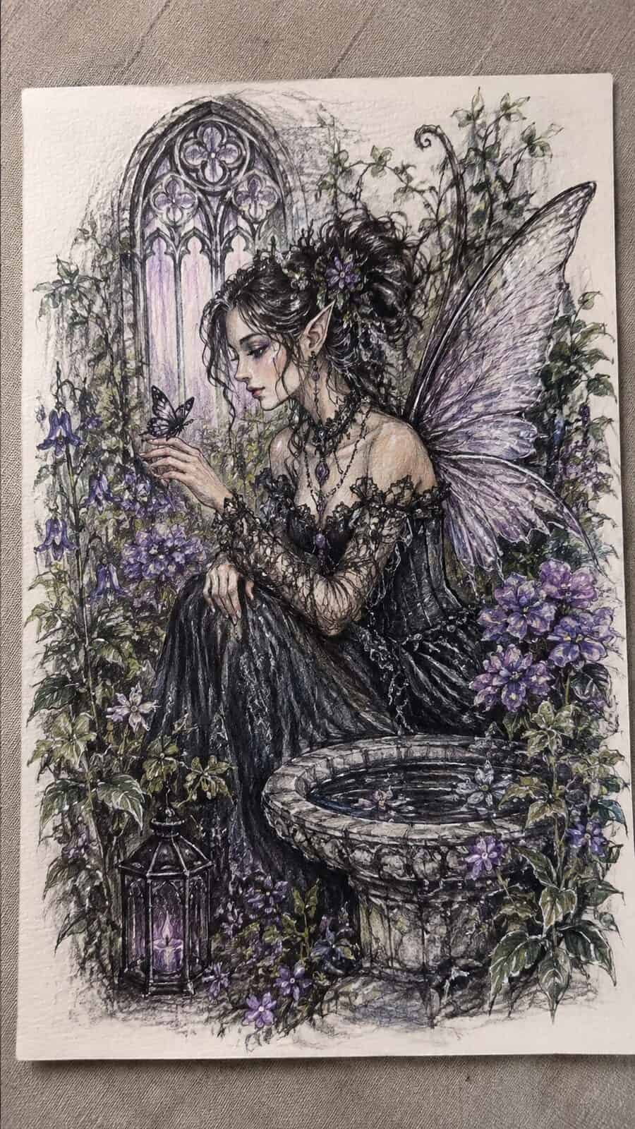 Hand-drawn charmed fairy goth garden in colored-pencil and gouache drawing on textured paper, shown in a gentle oblique desk view that — study 3