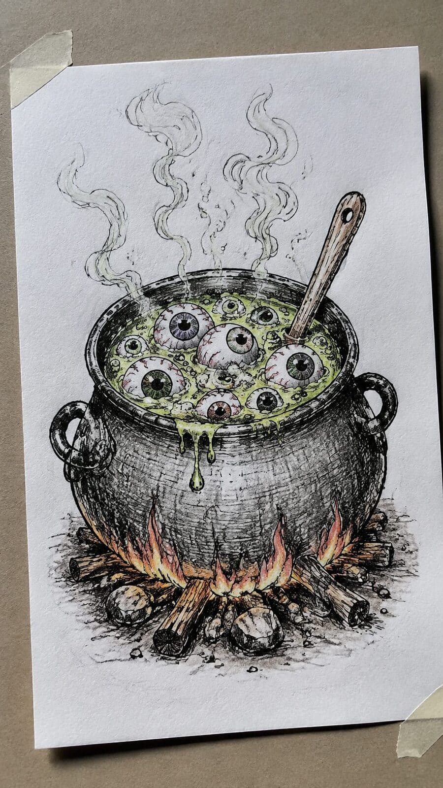 Hand-drawn eerie eyeball soup in ink and colored-pencil drawing on textured paper, shown in a slightly off-center overhead — study 1
