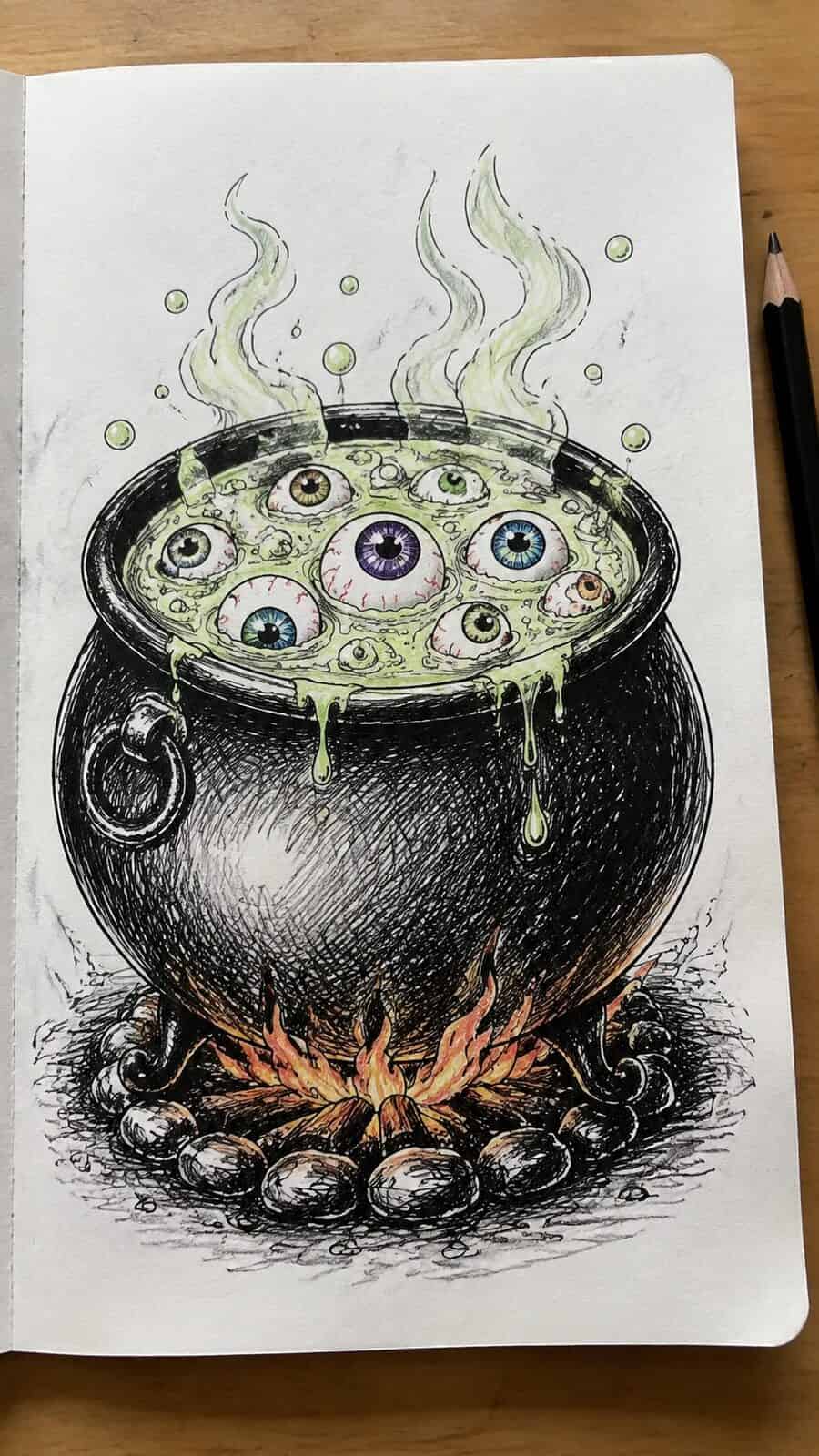 Hand-drawn eerie eyeball soup in ink and colored-pencil drawing on textured paper, shown in a straight overhead view — study 2