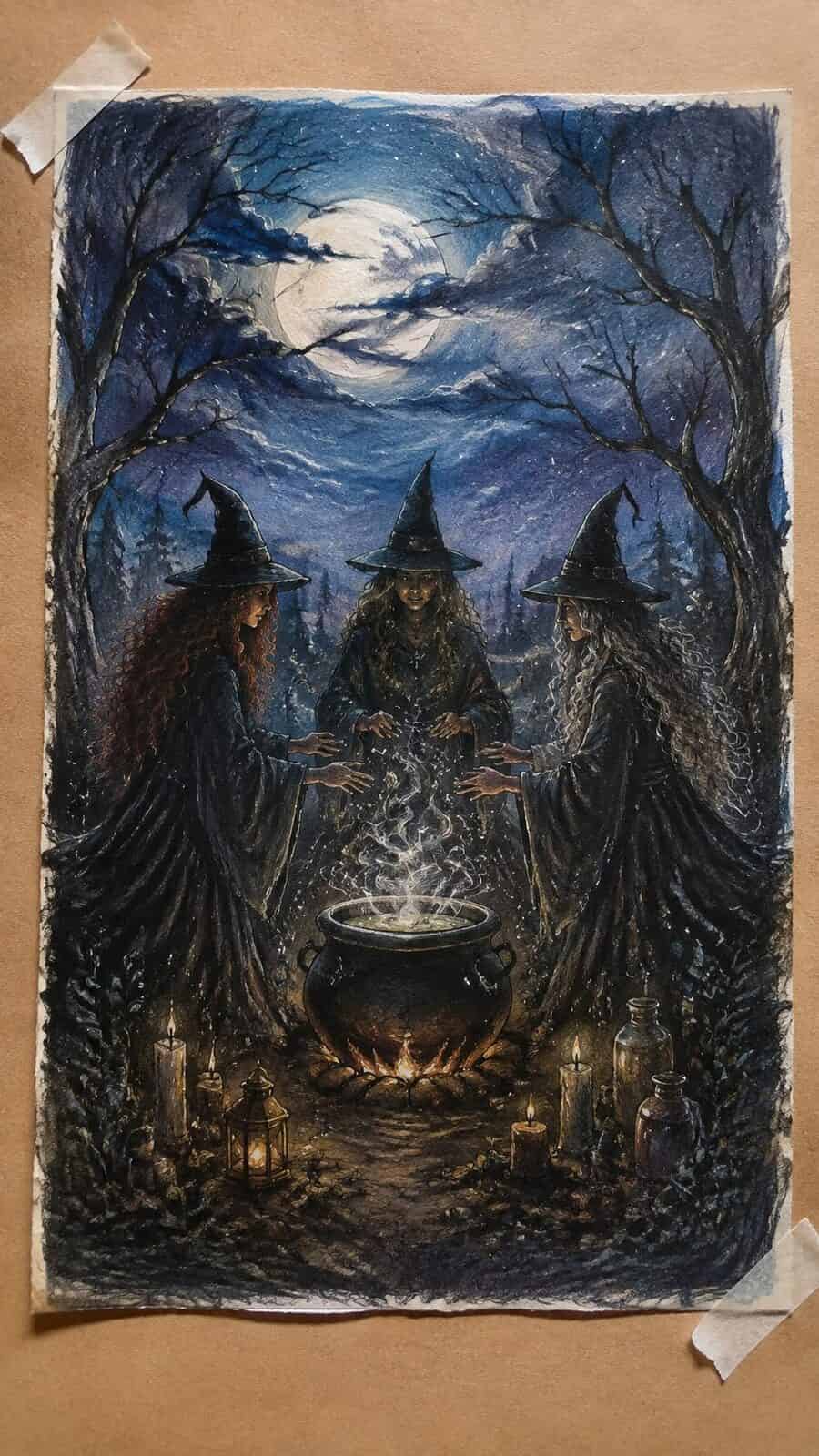 Hand-drawn whispering witches' coven in colored-pencil and gouache drawing on textured paper, shown in a straight overhead view — study 1