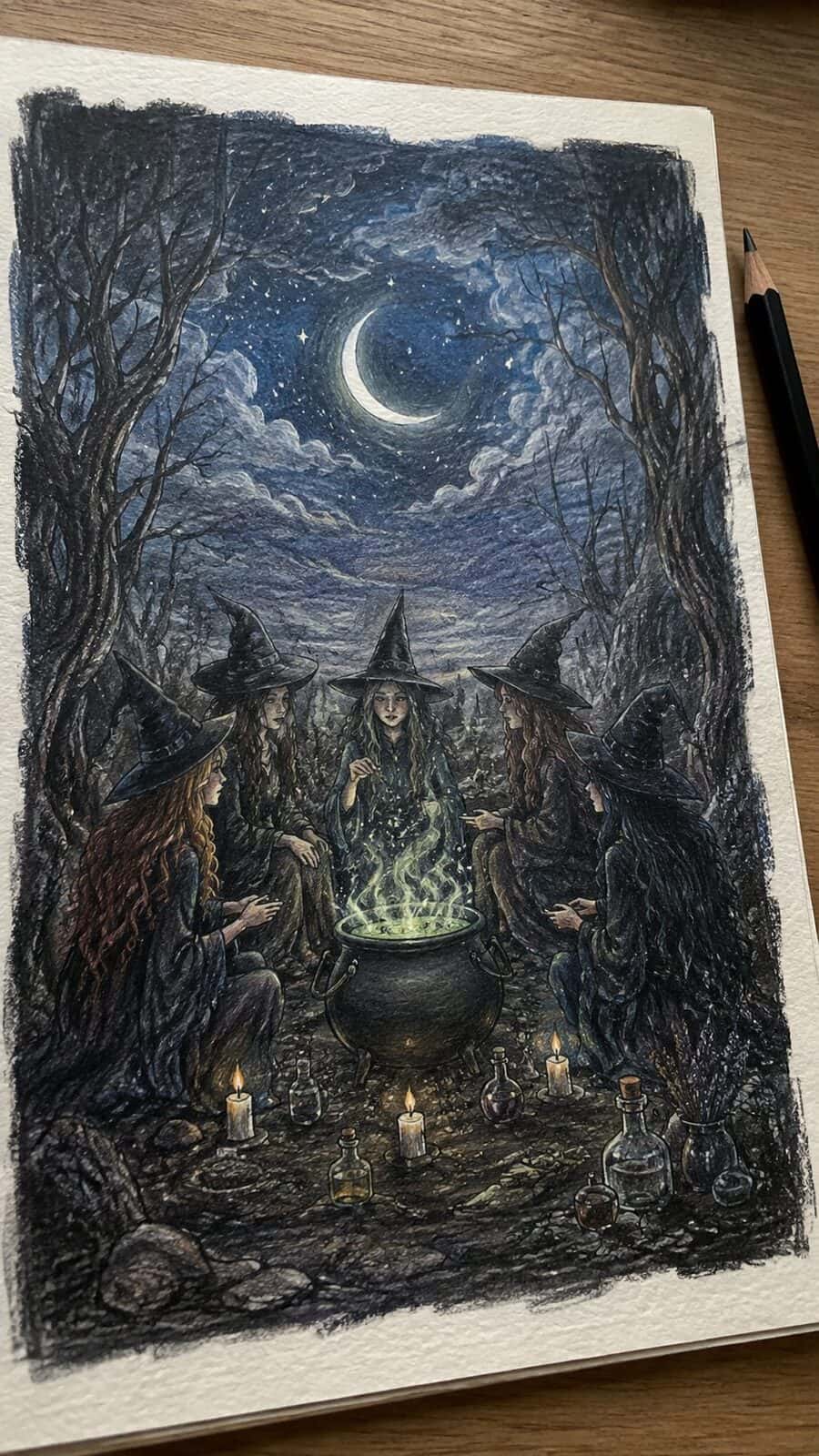 Hand-drawn whispering witches' coven in colored-pencil and gouache drawing on textured paper, shown in a gentle oblique desk view that — study 2