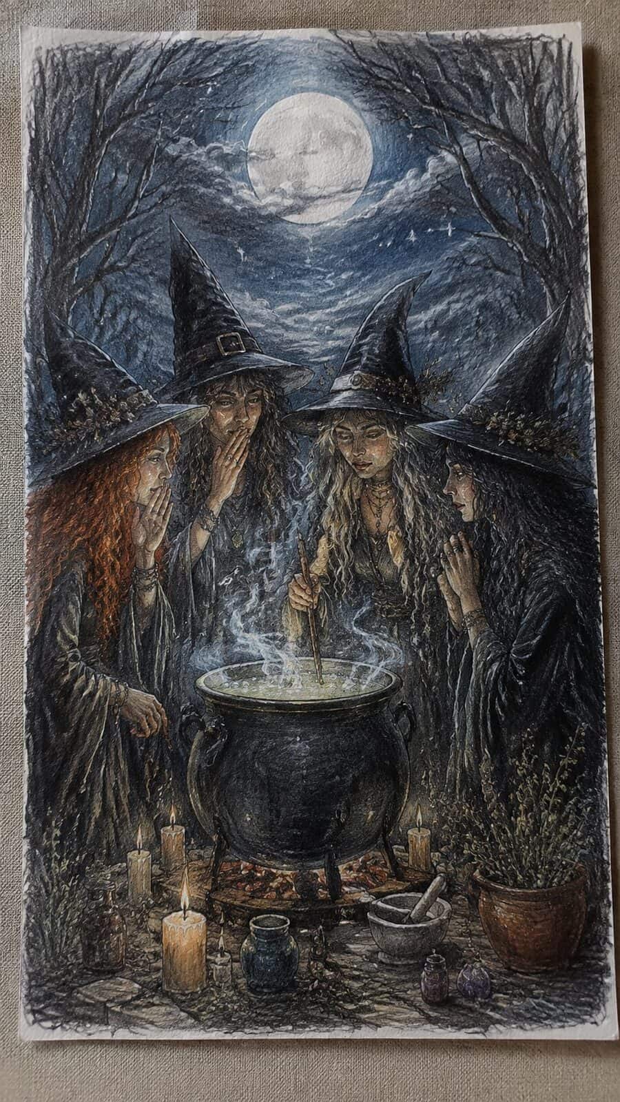 Hand-drawn whispering witches' coven in colored-pencil and gouache drawing on textured paper, shown in a close overhead crop — study 3