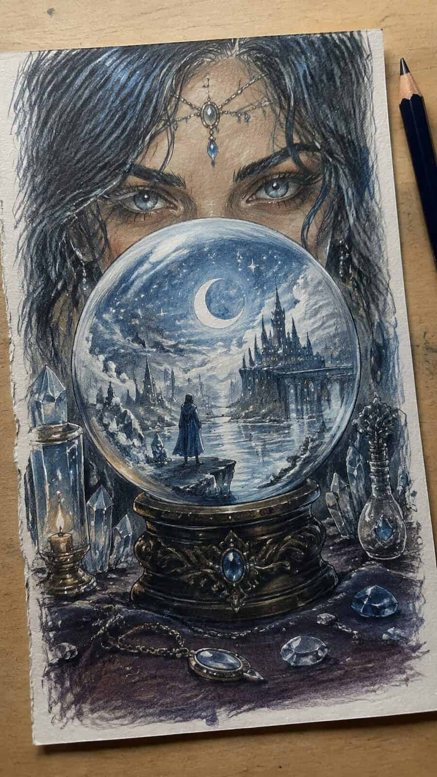 Hand-drawn chilling crystal ball visions in colored-pencil and gouache drawing on textured paper, shown in a close overhead crop — study 1