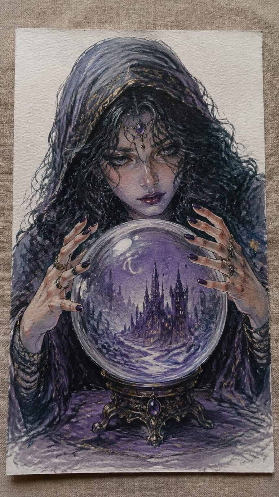 Hand-drawn chilling crystal ball visions in colored-pencil and gouache drawing on textured paper, shown in a slightly off-center — study 2