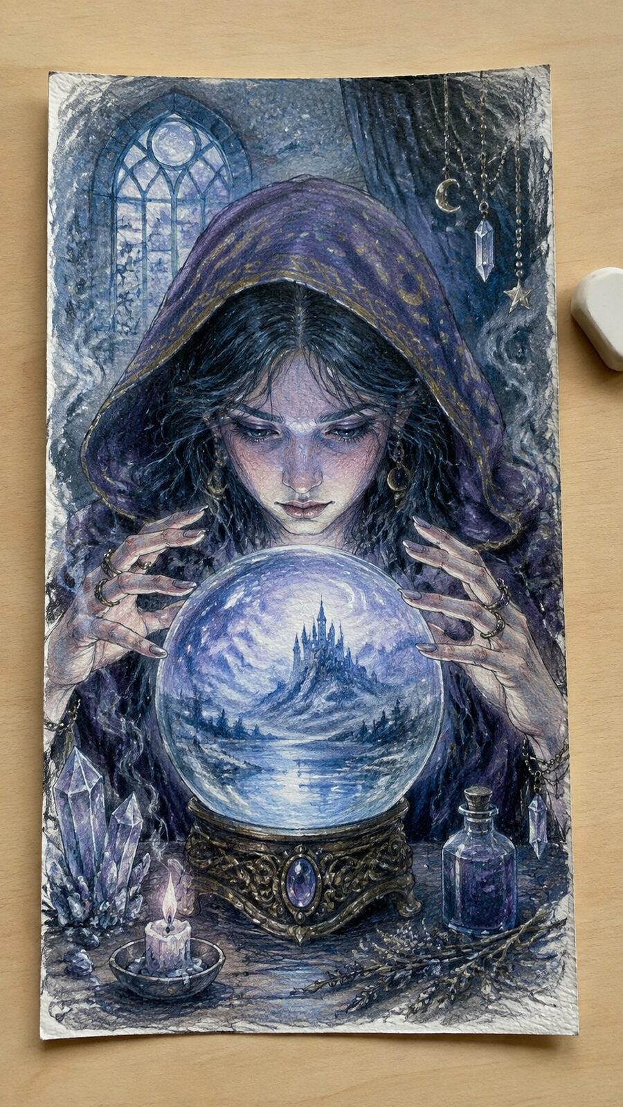Hand-drawn chilling crystal ball visions in colored-pencil and gouache drawing on textured paper, shown in a straight overhead view — study 3