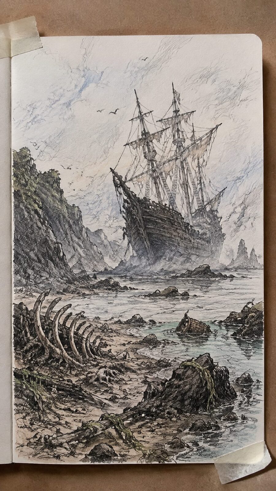 Hand-drawn spectral shipwreck shores in ink and colored-pencil drawing on textured paper, shown in a slightly off-center overhead — study 3