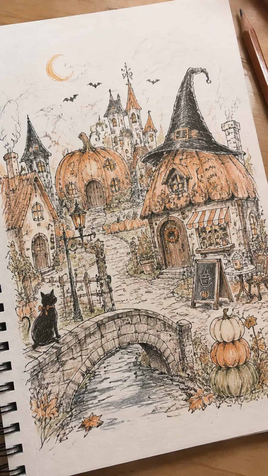 Hand-drawn bewitched pumpkin spice village in ink and colored-pencil drawing on textured paper, shown in a gentle oblique desk view — study 2