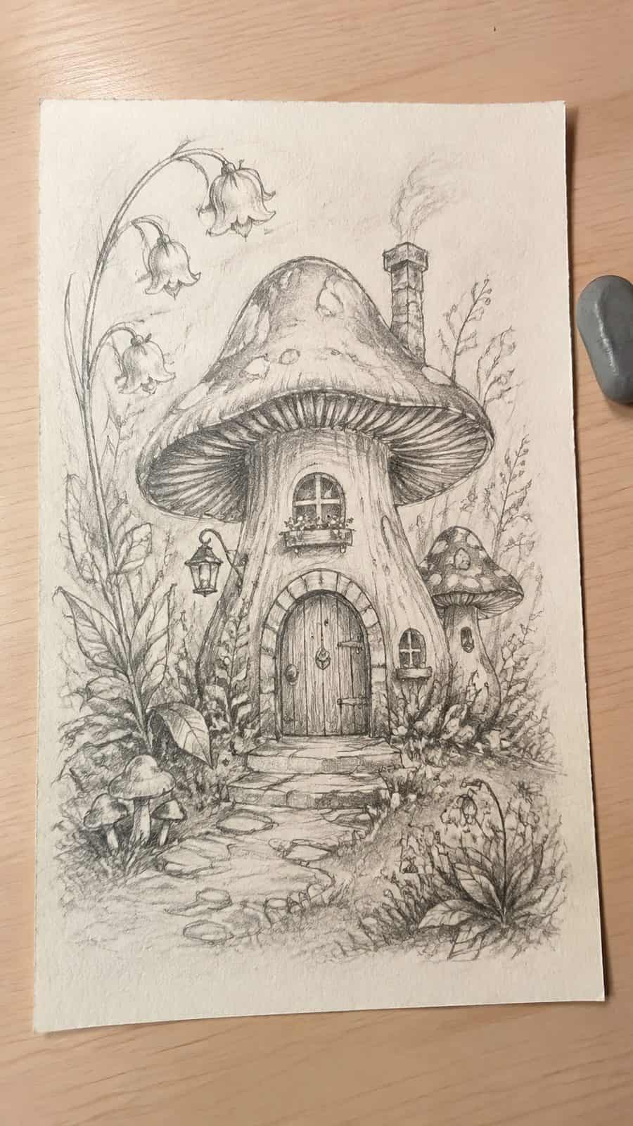 Mushroom Artistry: 17 Unique Drawing Ideas to Spark Your Imagination 2 Hand-drawn whimsical fairy-tale mushrooms in graphite drawing on textured paper, shown in a slightly off-center overhead composition — study 1