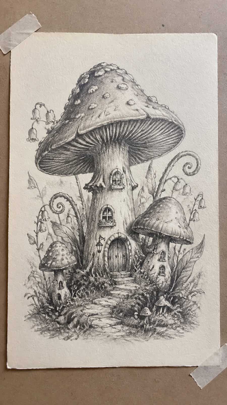 Mushroom Artistry: 17 Unique Drawing Ideas to Spark Your Imagination 3 Hand-drawn whimsical fairy-tale mushrooms in graphite drawing on textured paper, shown in a straight overhead view — study 2