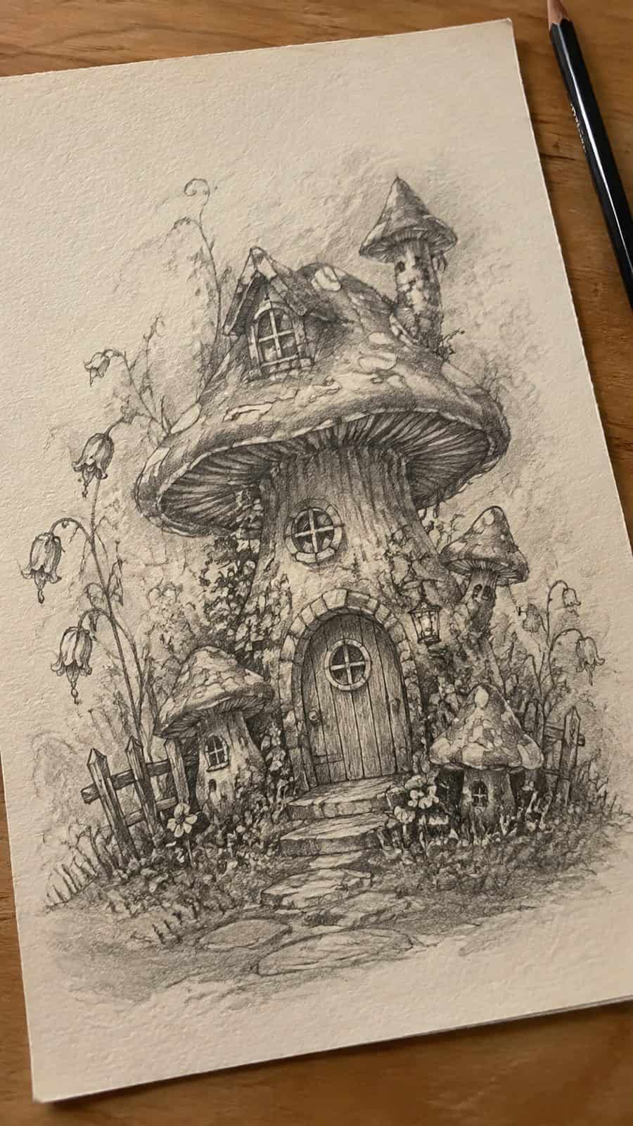 Mushroom Artistry: 17 Unique Drawing Ideas to Spark Your Imagination 4 Hand-drawn whimsical fairy-tale mushrooms in graphite drawing on textured paper, shown in a gentle oblique desk view that shows paper — study 3
