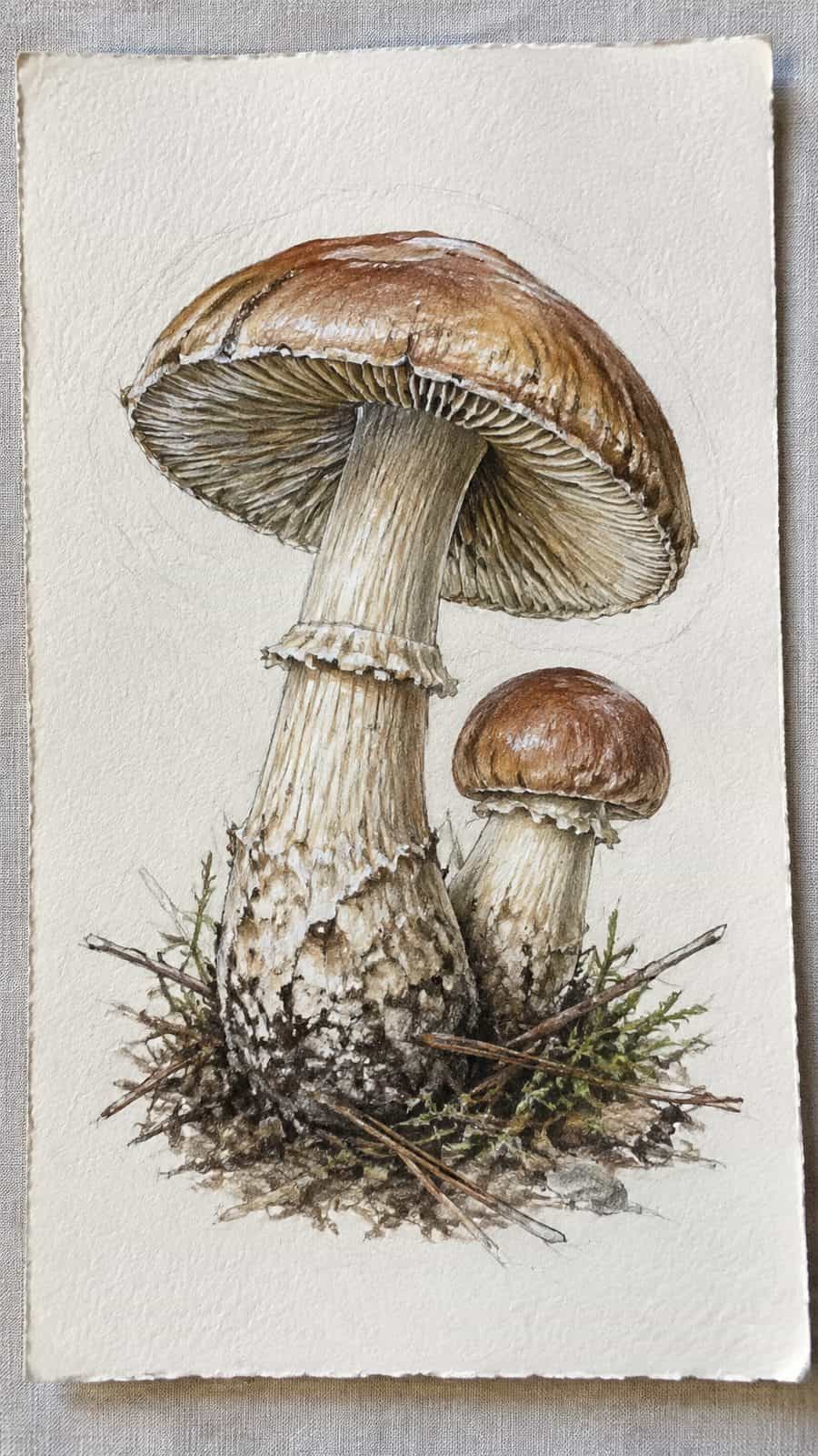 Mushroom Artistry: 17 Unique Drawing Ideas to Spark Your Imagination 5 Hand-drawn detailed botanical study in colored-pencil and gouache drawing on textured paper, shown in a slightly off-center overhead — study 1