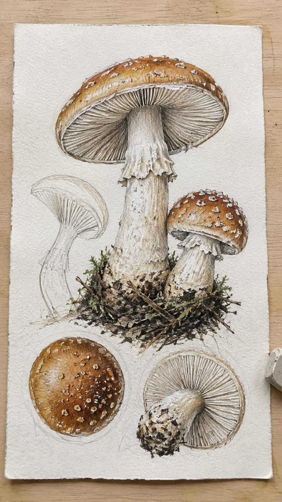 Mushroom Artistry: 17 Unique Drawing Ideas to Spark Your Imagination 6 Hand-drawn detailed botanical study in colored-pencil and gouache drawing on textured paper, shown in a straight overhead view — study 2