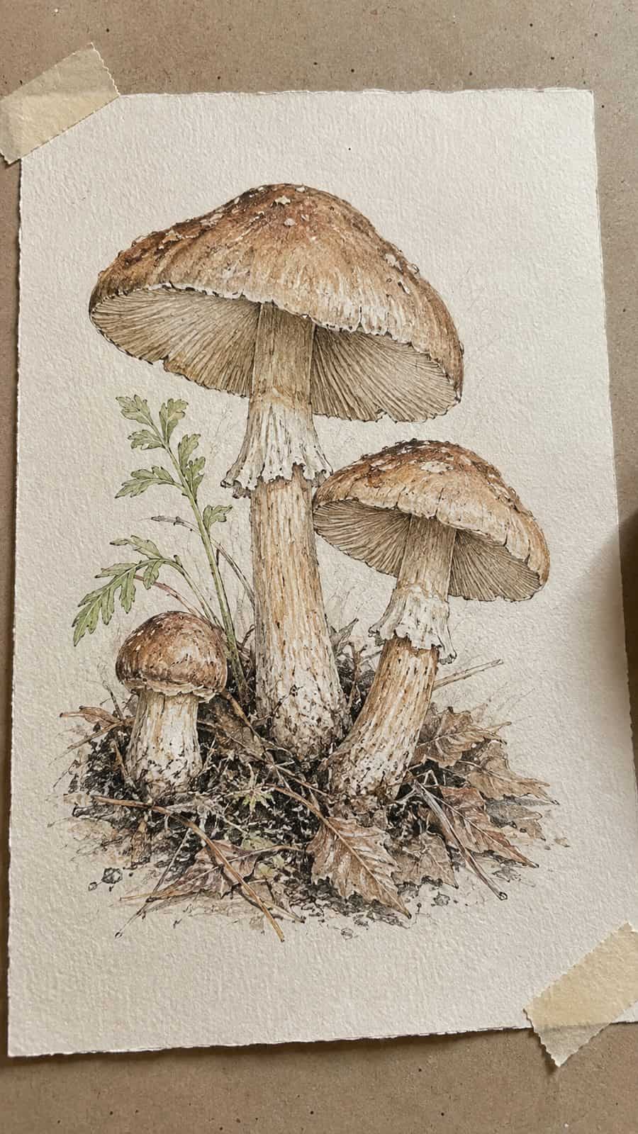 Mushroom Artistry: 17 Unique Drawing Ideas to Spark Your Imagination 7 Hand-drawn detailed botanical study in colored-pencil and gouache drawing on textured paper, shown in a gentle oblique desk view that — study 3