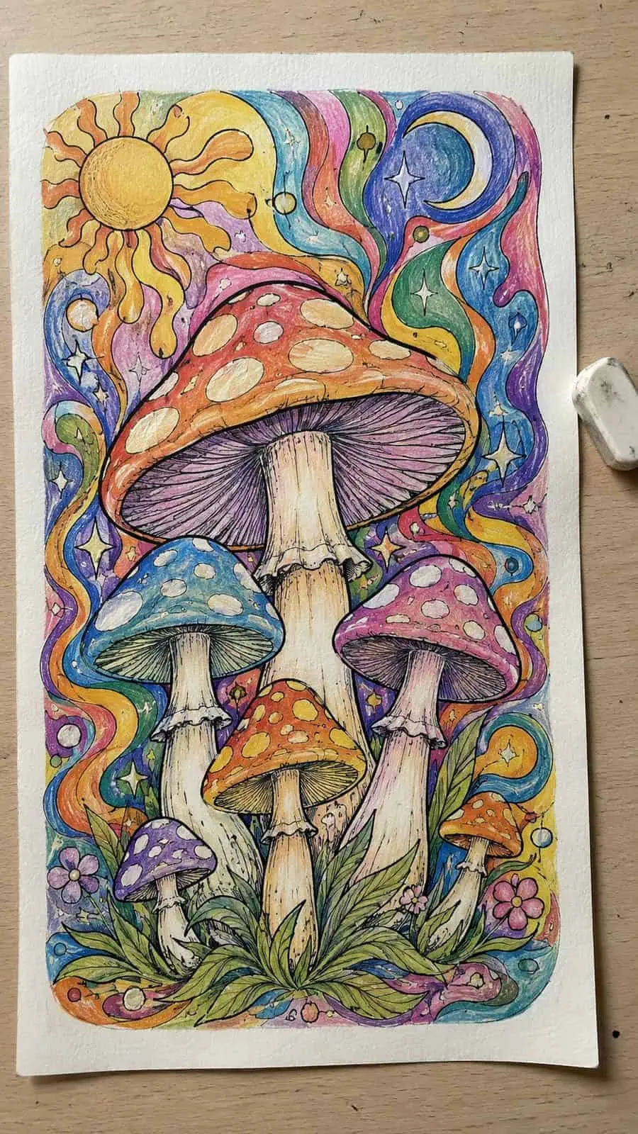 Mushroom Artistry: 17 Unique Drawing Ideas to Spark Your Imagination 8 Hand-drawn psychedelic mushroom patterns in colored-pencil drawing on textured paper, shown in a close overhead crop — study 1