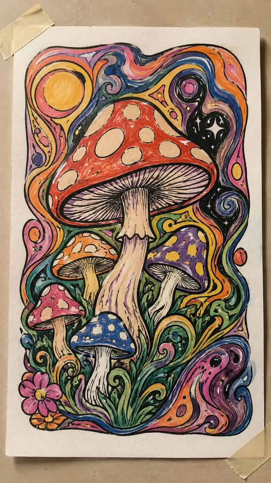 Mushroom Artistry: 17 Unique Drawing Ideas to Spark Your Imagination 9 Hand-drawn psychedelic mushroom patterns in colored-pencil drawing on textured paper, shown in a slightly off-center overhead — study 2