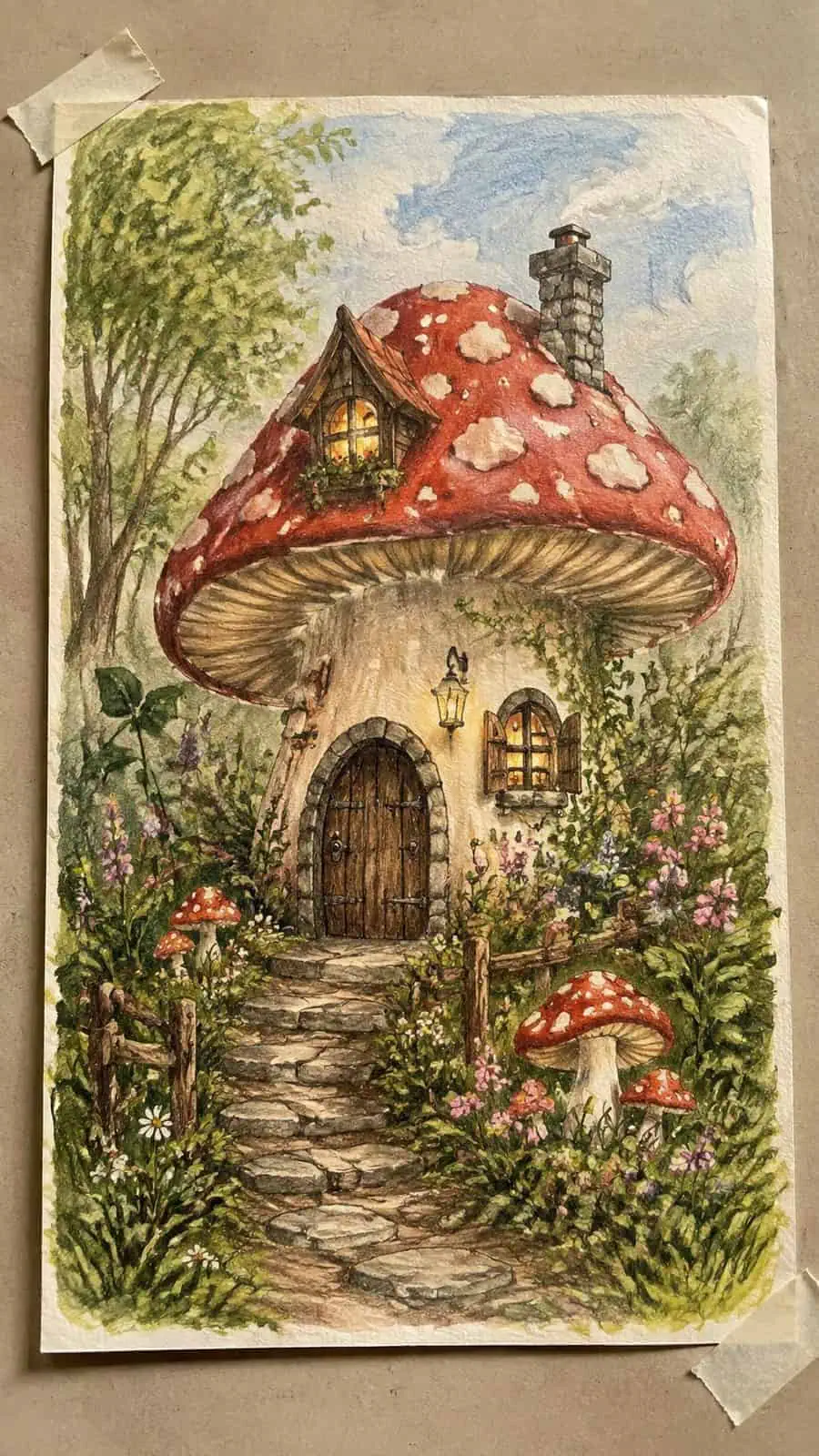 Mushroom Artistry: 17 Unique Drawing Ideas to Spark Your Imagination 12 Hand-drawn mushroom house fantasy in colored-pencil and gouache drawing on textured paper, shown in a straight overhead view — study 1