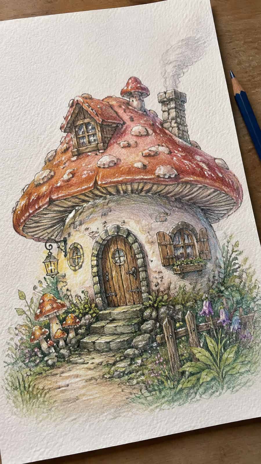 Mushroom Artistry: 17 Unique Drawing Ideas to Spark Your Imagination 13 Hand-drawn mushroom house fantasy in colored-pencil and gouache drawing on textured paper, shown in a gentle oblique desk view that — study 2