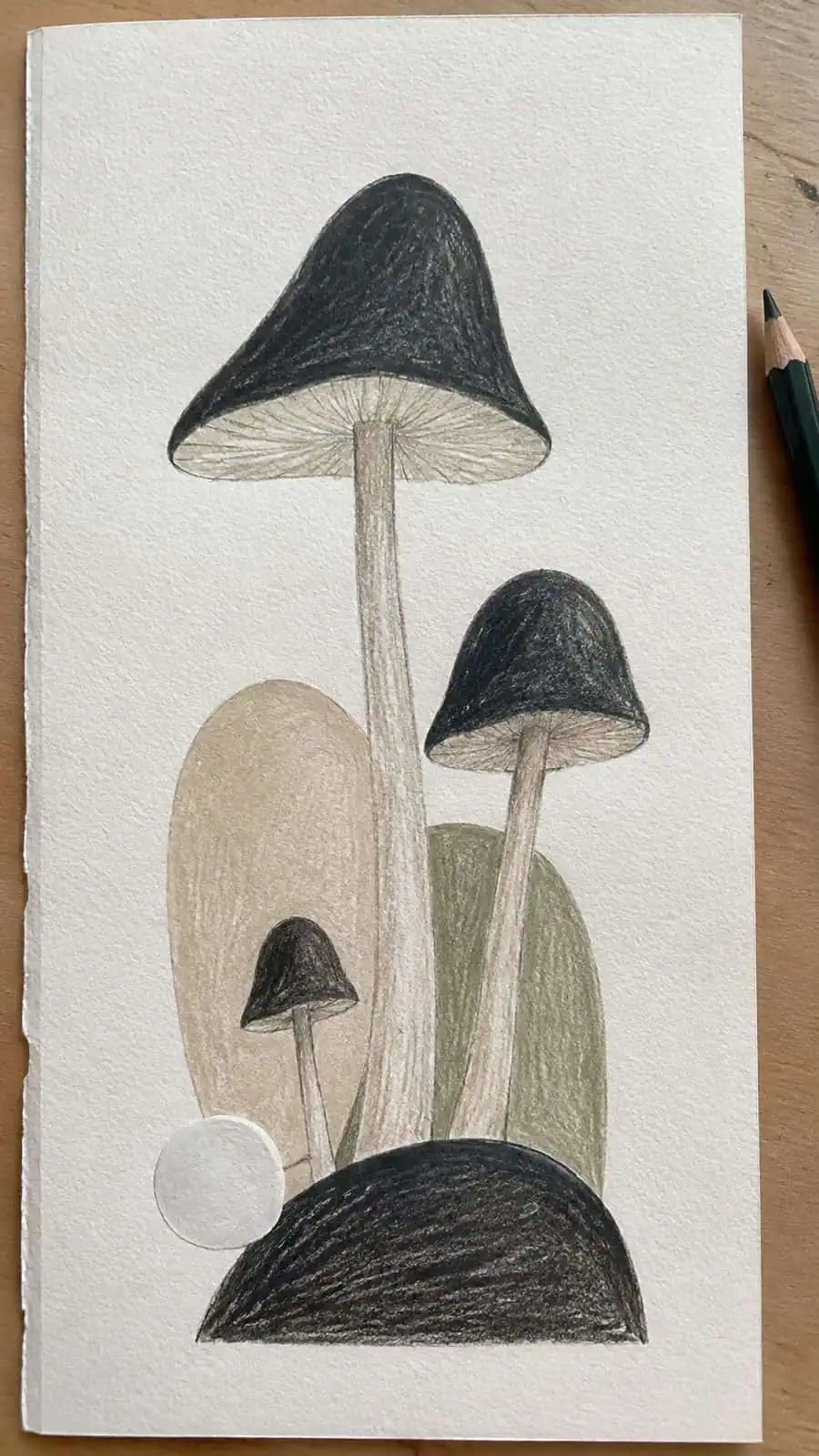 Mushroom Artistry: 17 Unique Drawing Ideas to Spark Your Imagination 14 Hand-drawn minimalist mushroom silhouettes in colored-pencil and gouache drawing on textured paper, shown in a close overhead crop — study 1