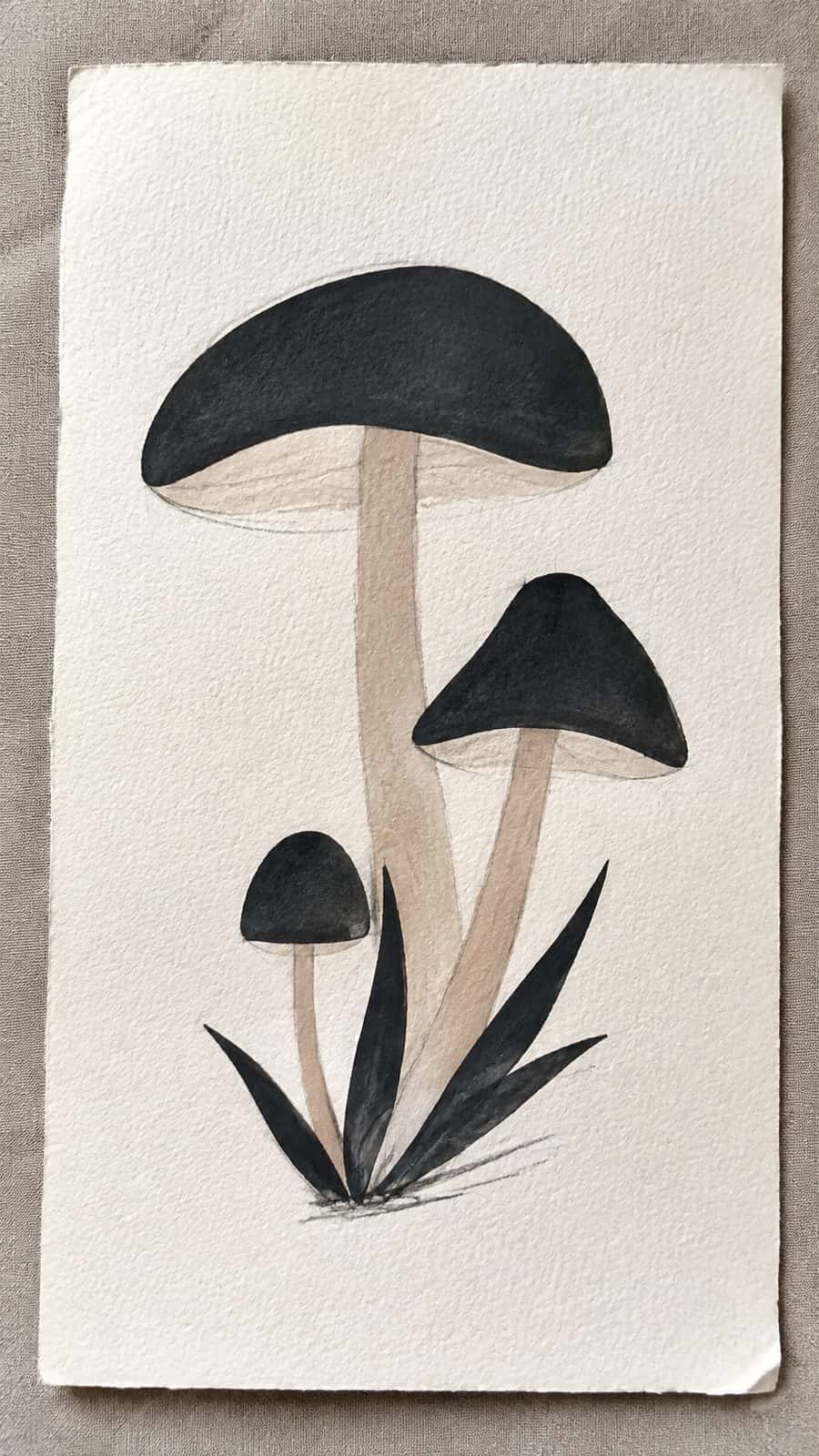 Mushroom Artistry: 17 Unique Drawing Ideas to Spark Your Imagination 15 Hand-drawn minimalist mushroom silhouettes in colored-pencil and gouache drawing on textured paper, shown in a slightly off-center — study 2