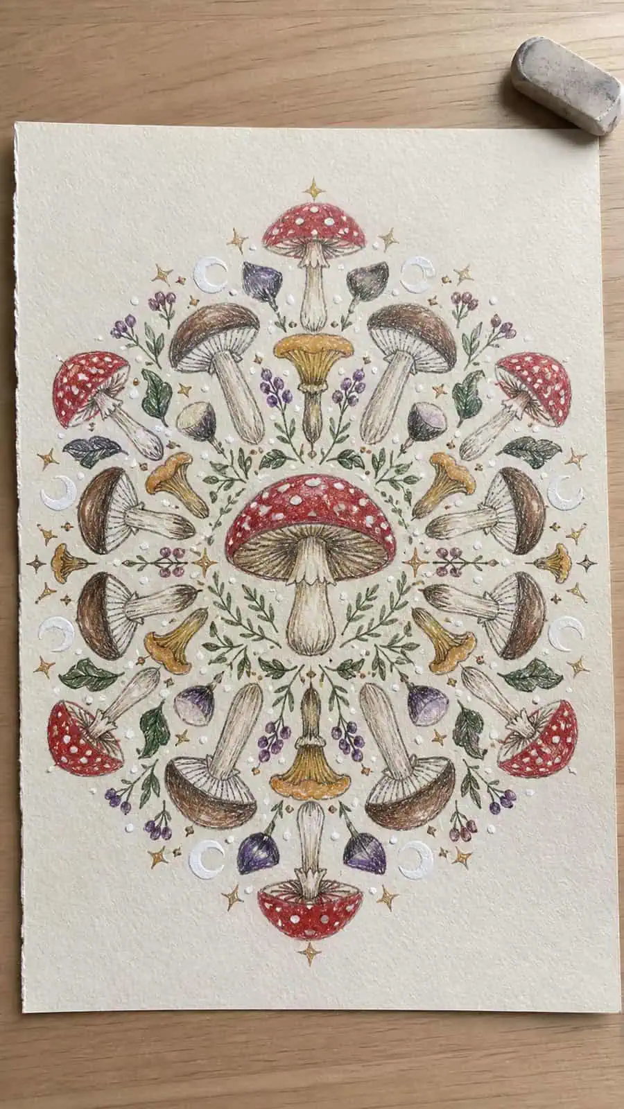 Mushroom Artistry: 17 Unique Drawing Ideas to Spark Your Imagination 16 Hand-drawn mushroom mandala in colored-pencil and gouache drawing on textured paper, shown in a close overhead crop — study 1