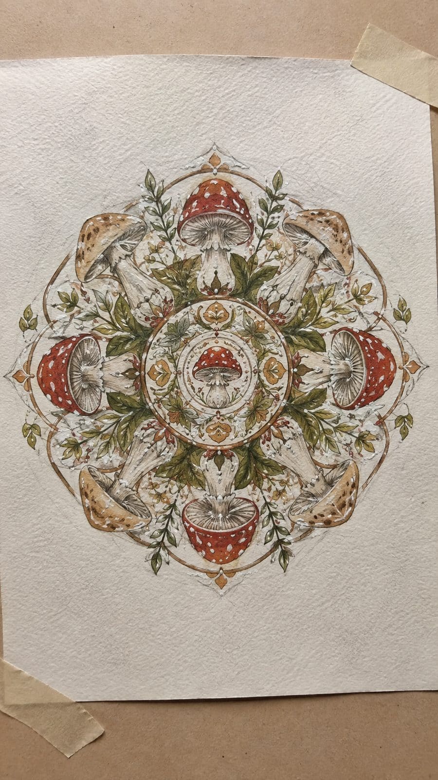 Mushroom Artistry: 17 Unique Drawing Ideas to Spark Your Imagination 17 Hand-drawn mushroom mandala in colored-pencil and gouache drawing on textured paper, shown in a slightly off-center overhead — study 2
