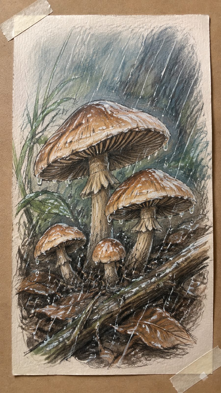 Mushroom Artistry: 17 Unique Drawing Ideas to Spark Your Imagination 19 Hand-drawn mushrooms in the rain in colored-pencil and gouache drawing on textured paper, shown in a close overhead crop — study 2