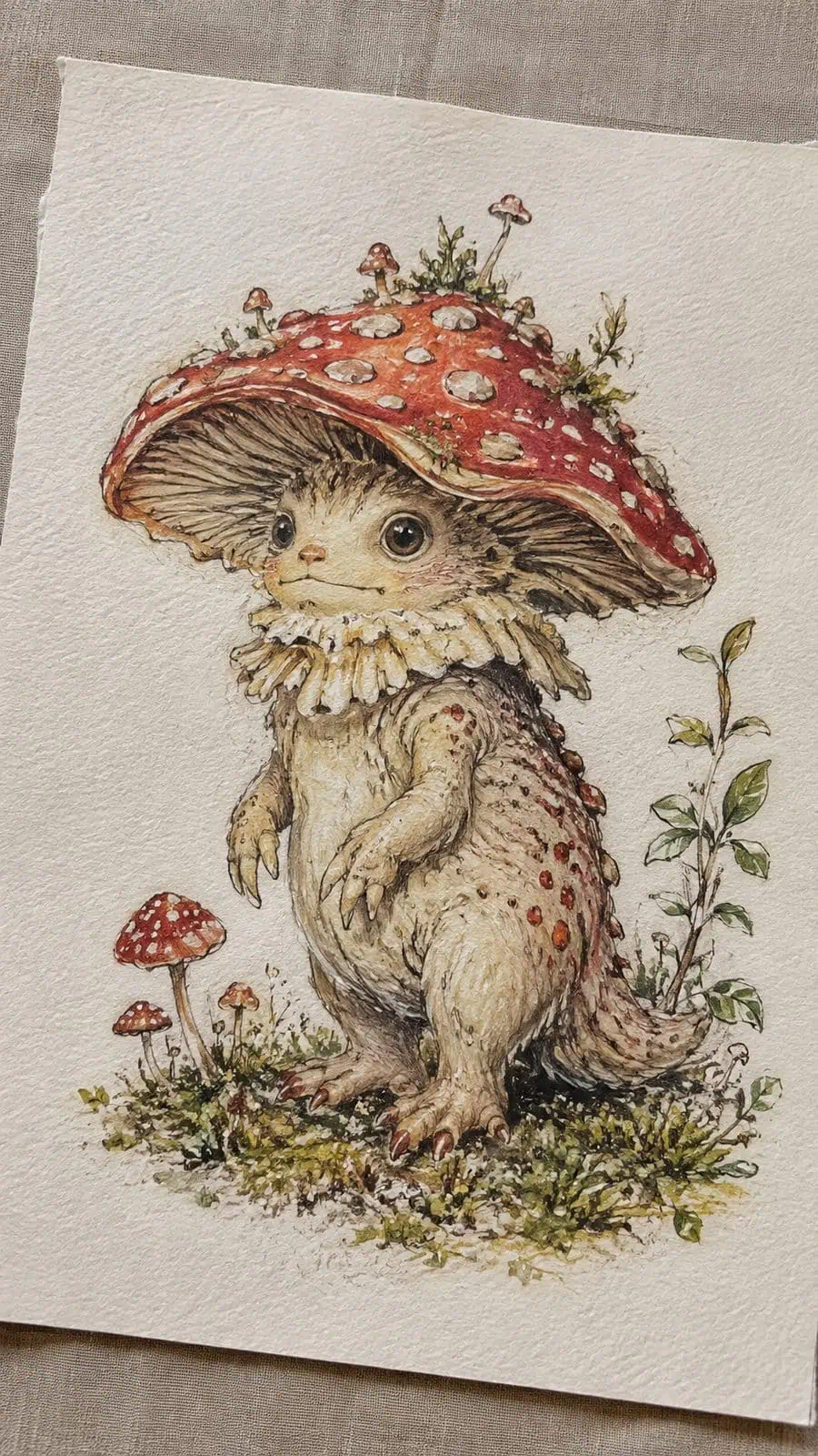 Mushroom Artistry: 17 Unique Drawing Ideas to Spark Your Imagination 21 Hand-drawn fantastical mushroom creatures in colored-pencil and gouache drawing on textured paper, shown in a gentle oblique desk view — study 2