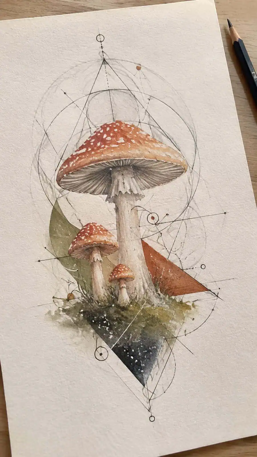 Mushroom Artistry: 17 Unique Drawing Ideas to Spark Your Imagination 22 Hand-drawn geometric mushroom designs in colored-pencil and gouache drawing on textured paper, shown in a gentle oblique desk view — study 1