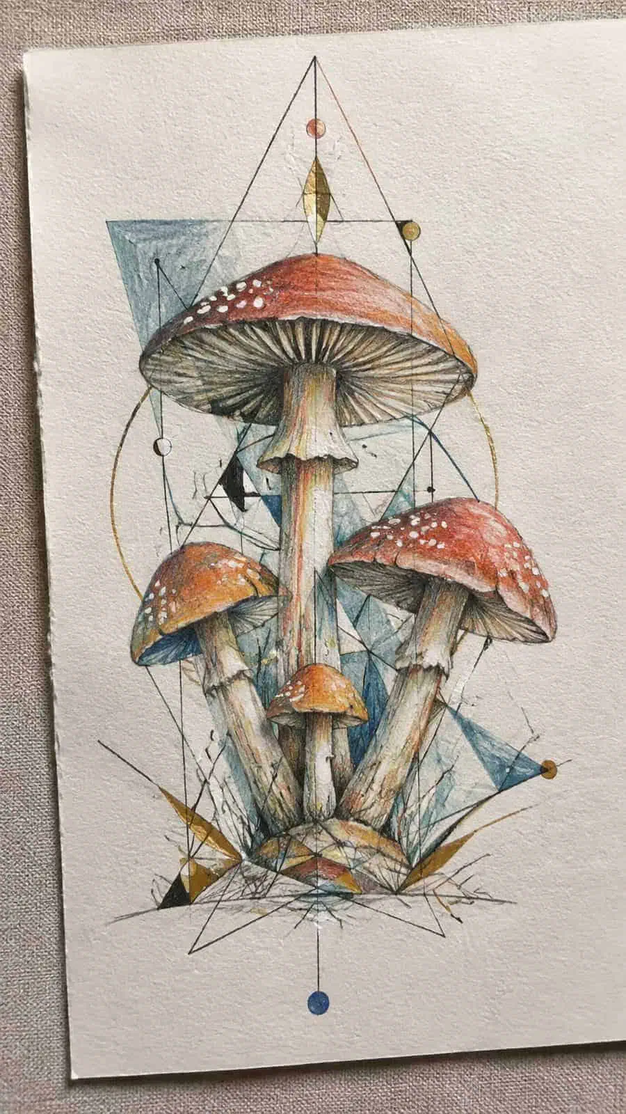 Mushroom Artistry: 17 Unique Drawing Ideas to Spark Your Imagination 23 Hand-drawn geometric mushroom designs in colored-pencil and gouache drawing on textured paper, shown in a close overhead crop — study 2