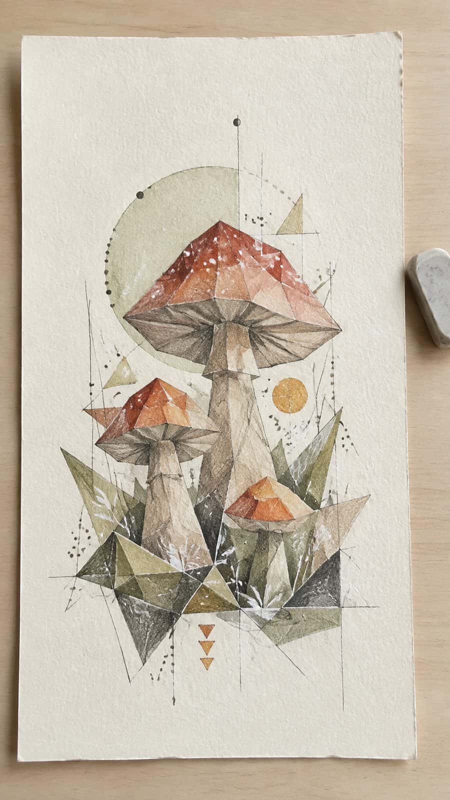 Mushroom Artistry: 17 Unique Drawing Ideas to Spark Your Imagination 24 Hand-drawn geometric mushroom designs in colored-pencil and gouache drawing on textured paper, shown in a slightly off-center overhead — study 3