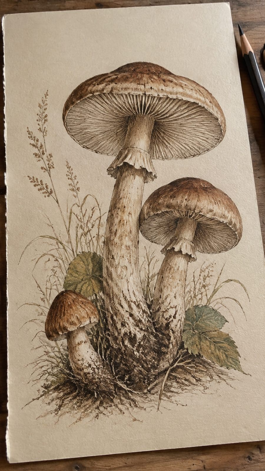Mushroom Artistry: 17 Unique Drawing Ideas to Spark Your Imagination 25 Hand-drawn vintage mushroom illustrations in sepia ink drawing on textured paper, shown in a close overhead crop — study 1
